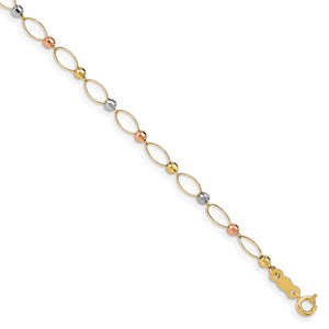 14K Gold Tri-color Oval Link Two-tone Mirror Beads Bracelet