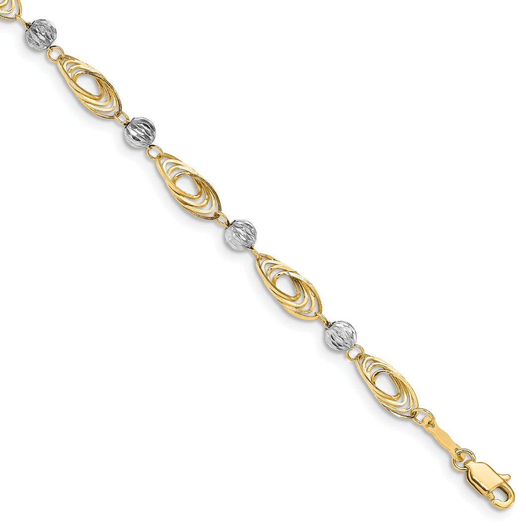 14K Gold Two-tone Oval Links with Diamond Cut Beads Bracelet