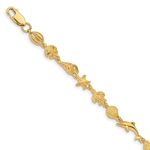 14K Gold Polished and Textured Sea Life Bracelet