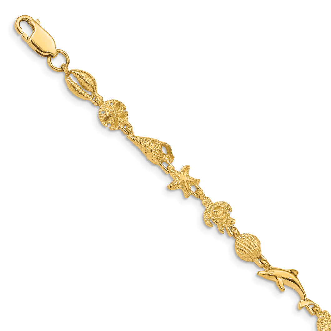 14K Gold Polished and Textured Sea Life Bracelet