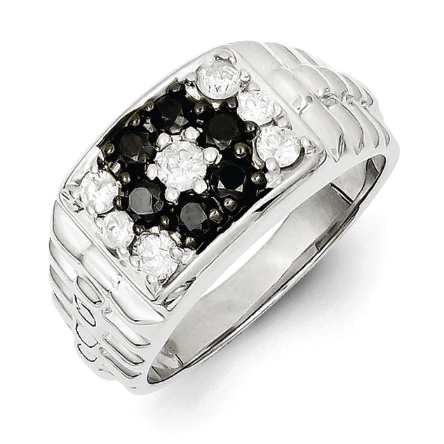 Sterling Silver Rhodium Plated Black and White Diamond Men's Ring