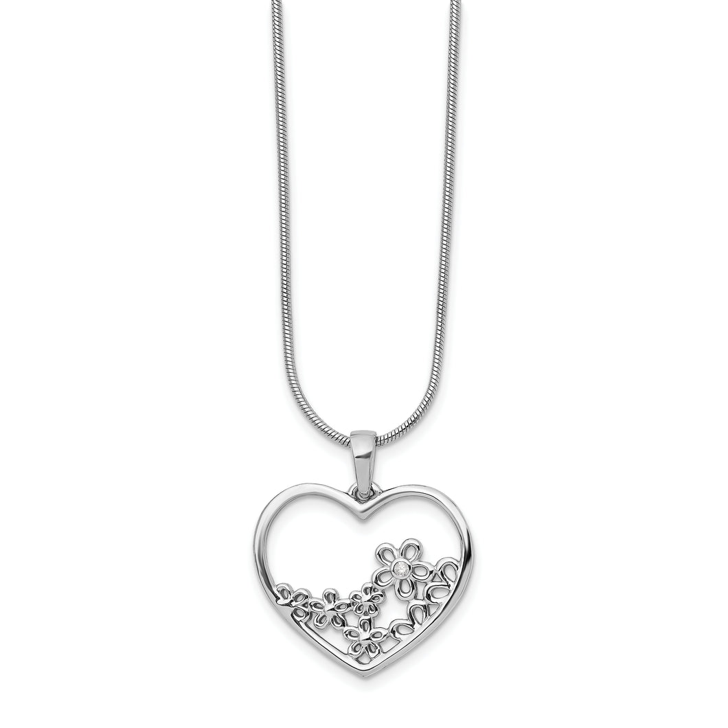 SS White Ice Heart Shaped w/ Flower Center Diamond Necklace