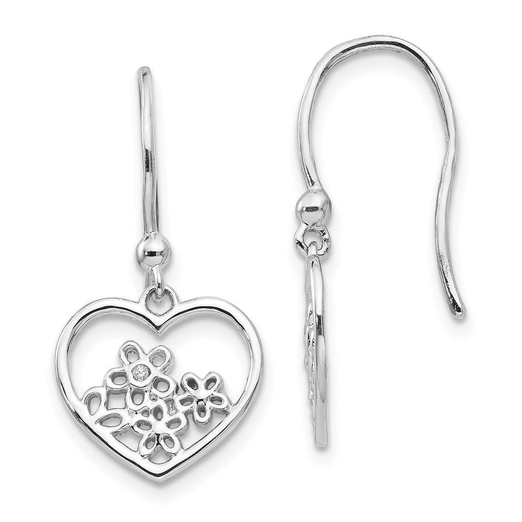 SS White Ice Heart Shaped w/ Flower Shepherd Hook Earrings
