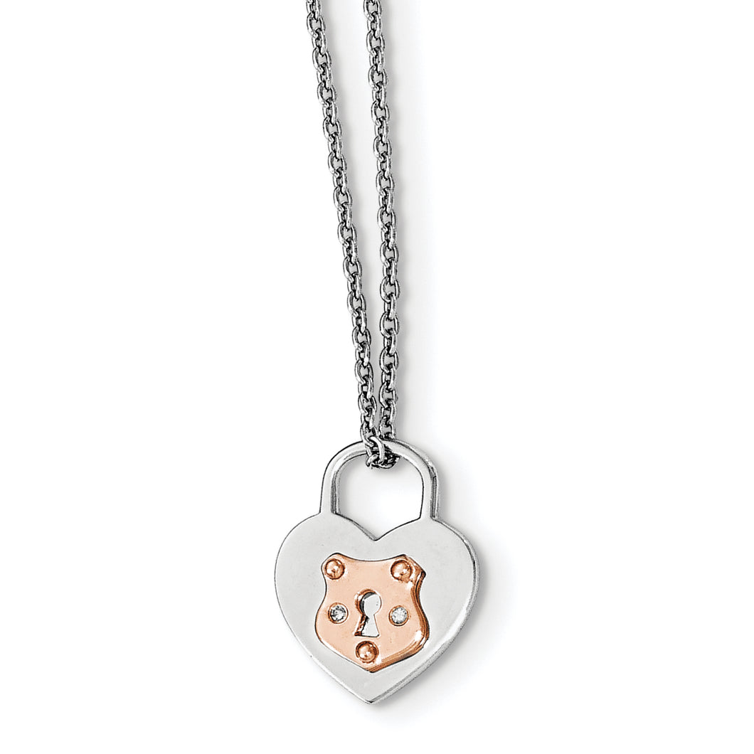 SS White Ice Diamond Rose-Tone Heart Lock 18in w/2in ext. Necklace