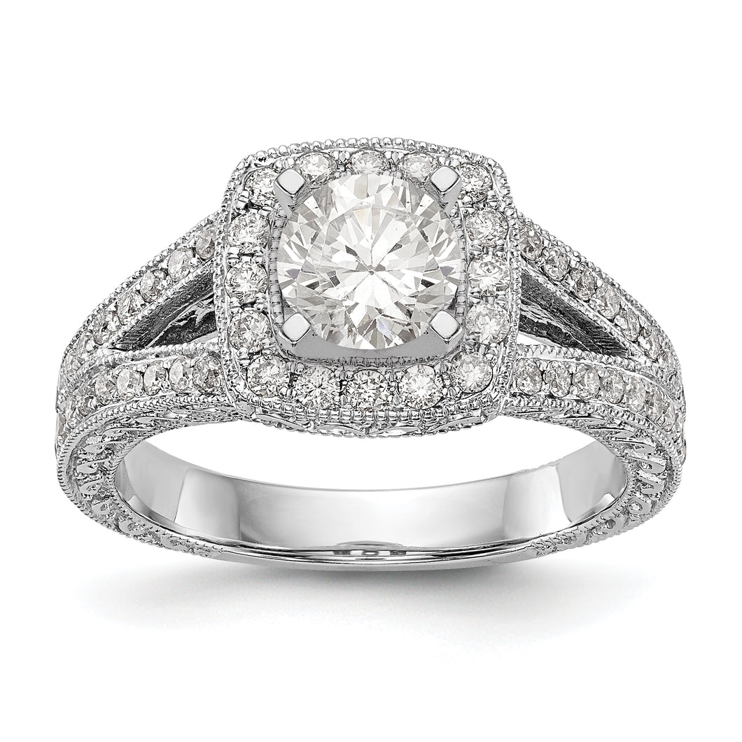 14K White Gold Peg Set Diamond Semi-Mount Cushion Halo Engagement Ring