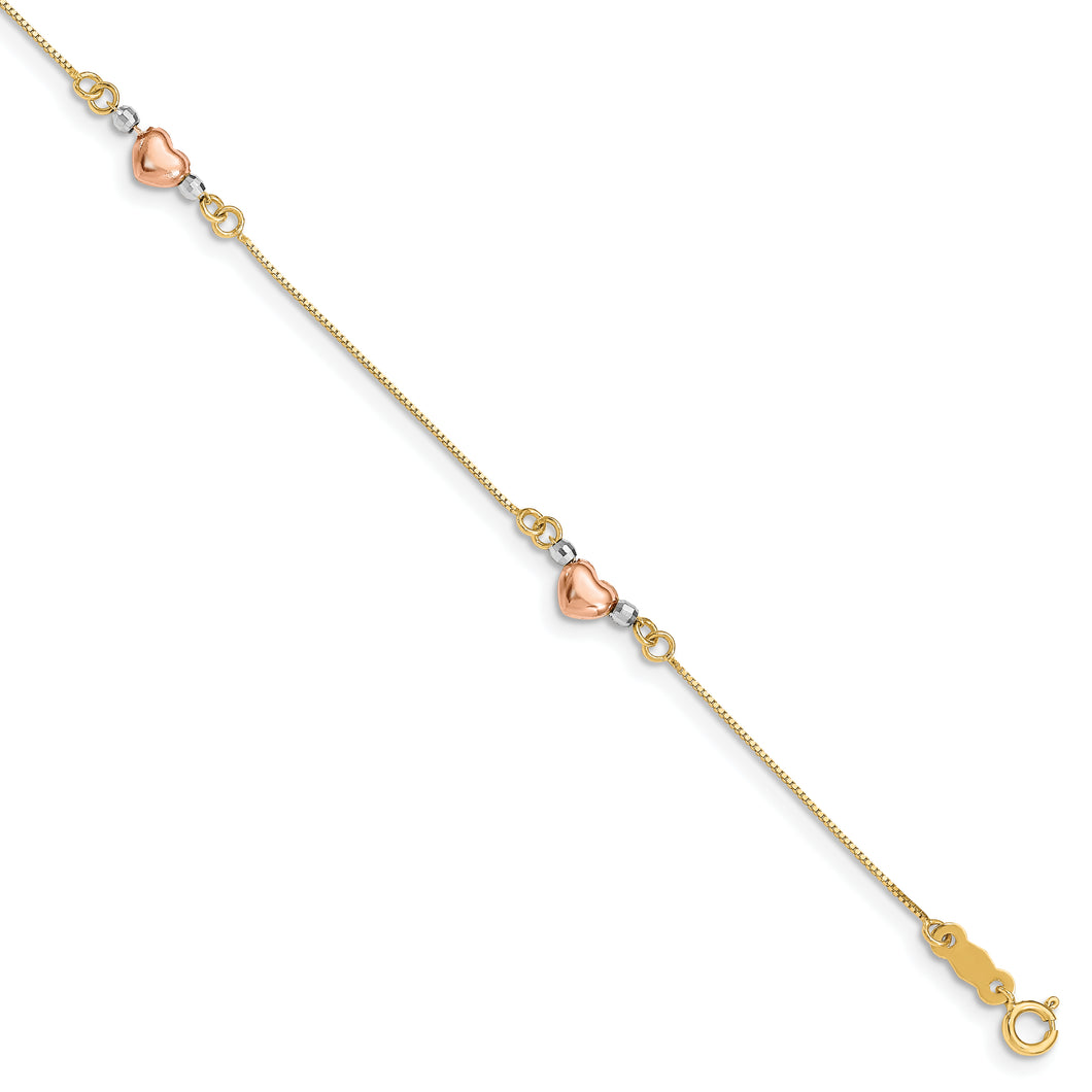 14K Tri-Color Puffed Heart Bracelet