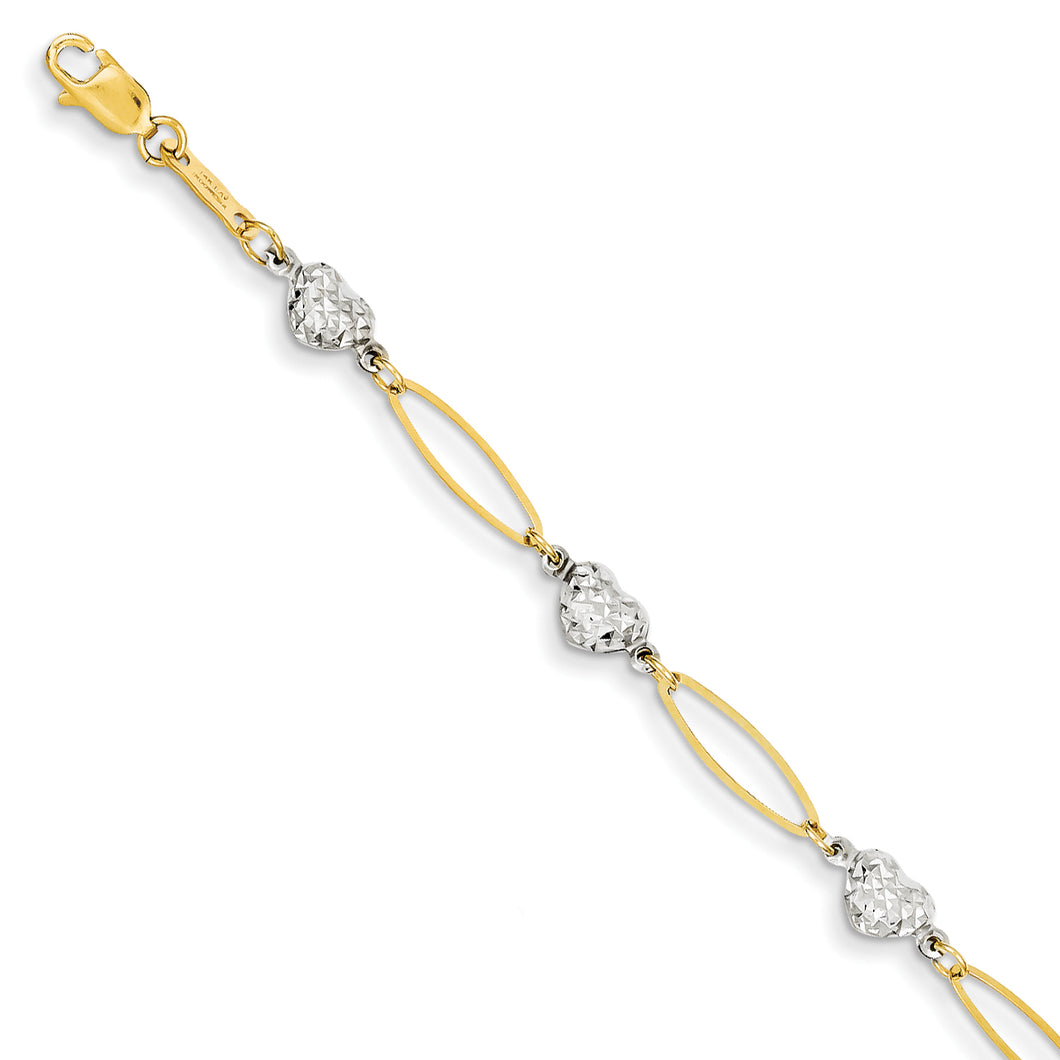 14k Two-tone Puff Heart & Flat Oval Bracelet