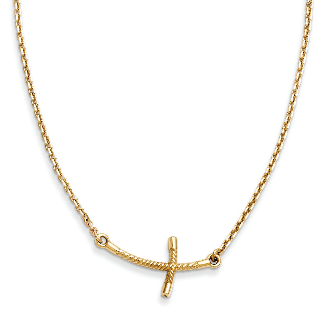 14k Small Sideways Curved Twist Cross Necklace