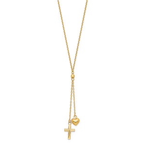 14K Puffed Heart & D/C Cross Graduated Chain W/2 IN Ext Necklace