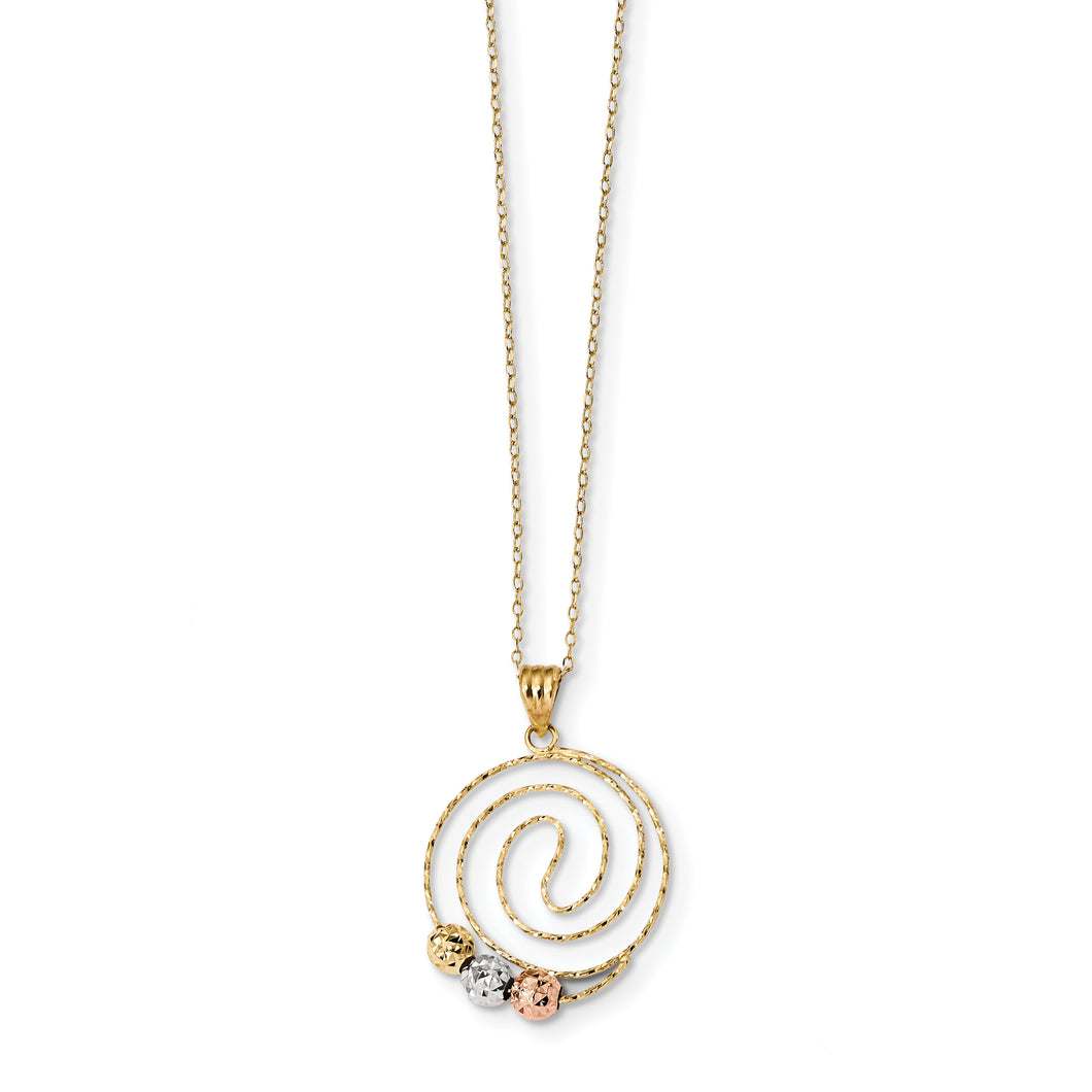 14k Tri-color D/C Beads on Spiral Pendant Necklace