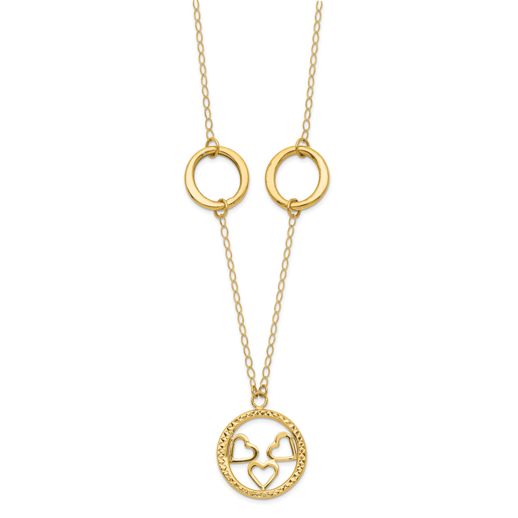 14k Polished Diamond-cut Hearts in Circle Necklace