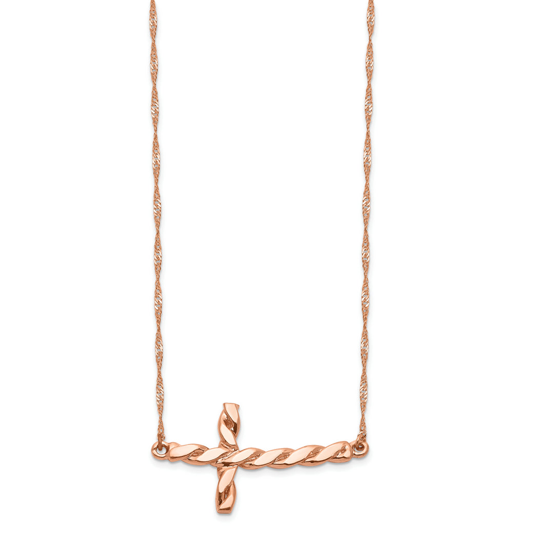 14k Rose Gold Polished Twisted Sideways Cross 17 inch Necklace