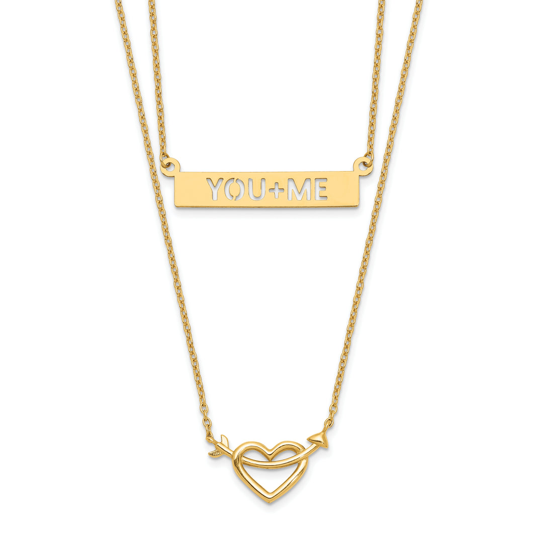 14k Two-Strand Polished Heart & You+ME Bar Necklace