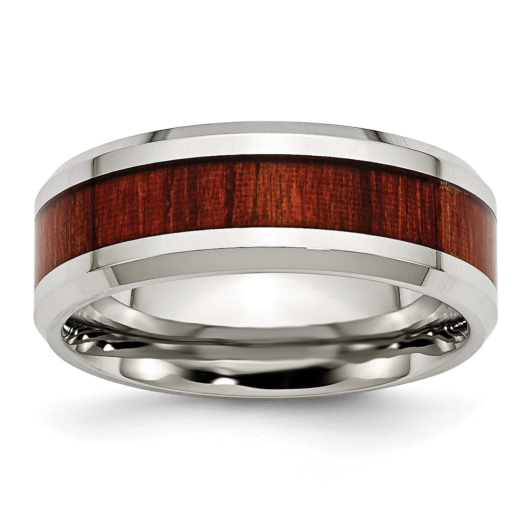Stainless Steel Polished Red Wood Inlay Enameled 8.00mm Ring