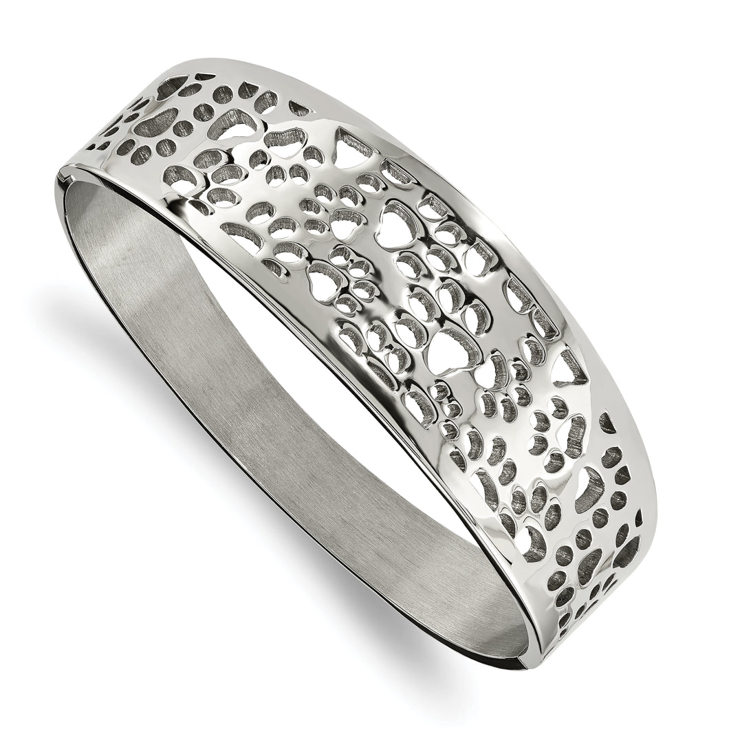 Stainless Steel Polished Paw Print Cut-out Hinged Bangle