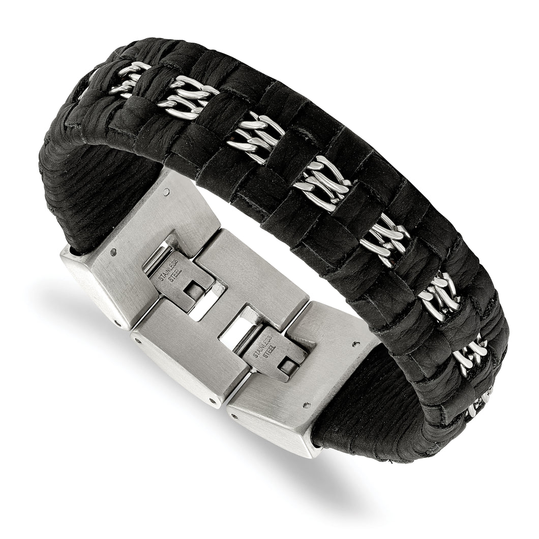 Stainless Steel Polished with Black Woven Leather 7in with 0.5in ext. Brace