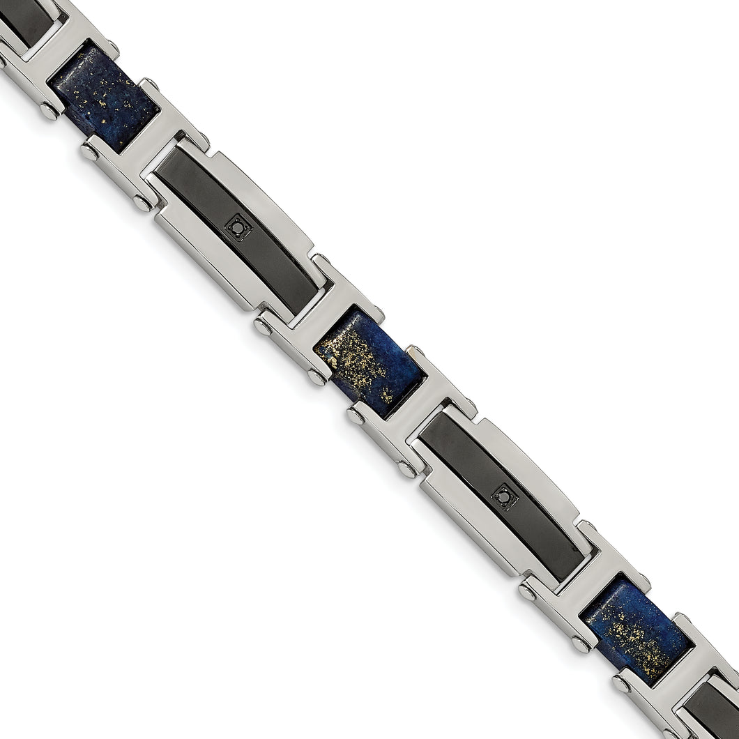 Stainless Steel Polished Black IP w/ Genuine Lapis & Black CZ 8.75in Bracel