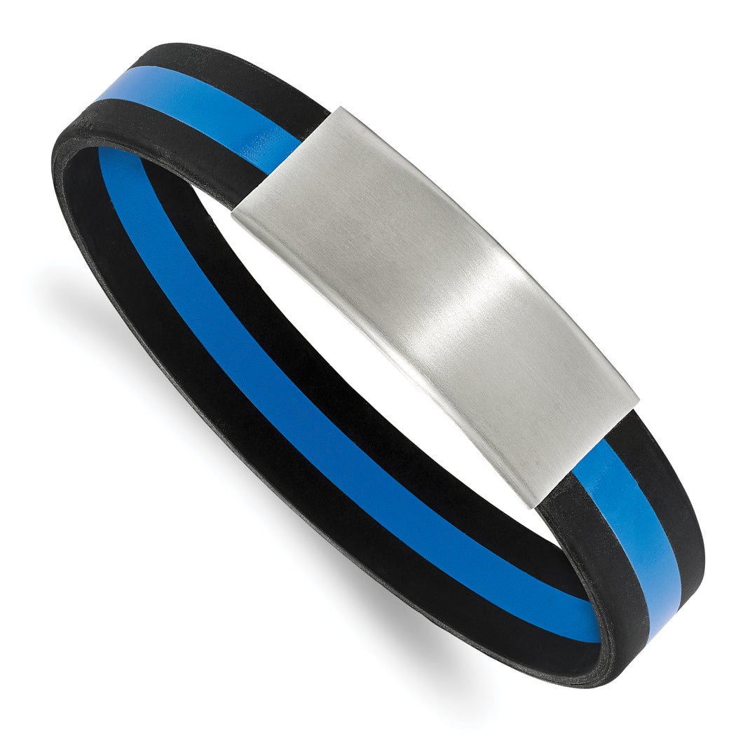 Stainless Steel Brushed Black and Blue Silicone Stretch ID Bracelet