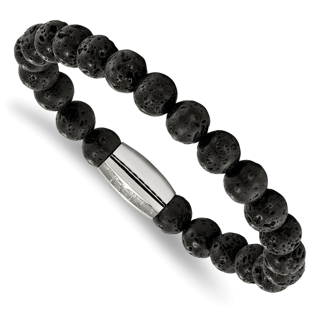 Stainless Steel Polished Lava Rock Beaded Stretch Bracelet
