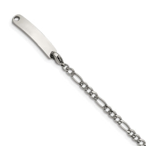 Stainless Steel Polished Figaro Chain w/Removeable ID Plate 8.5in Bracelet