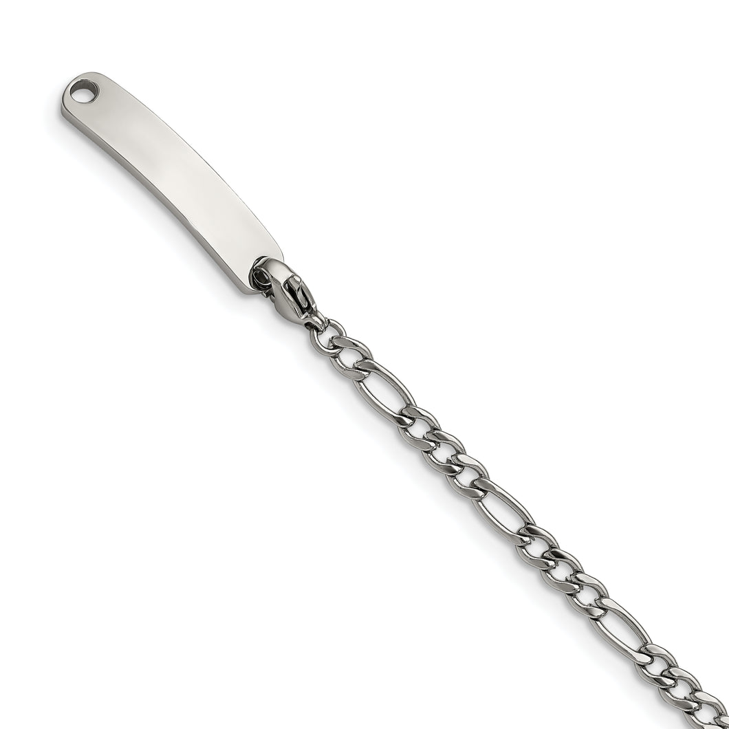 Stainless Steel Polished Figaro Chain w/Removeable ID Plate 8.5in Bracelet