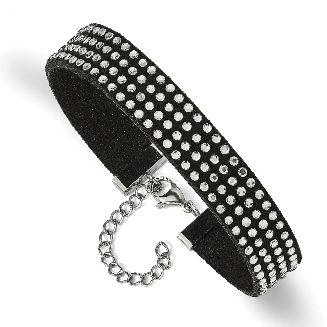 Stainless Steel with Black Leather and Crystal 7.25in w/1.75in ext. Bracele