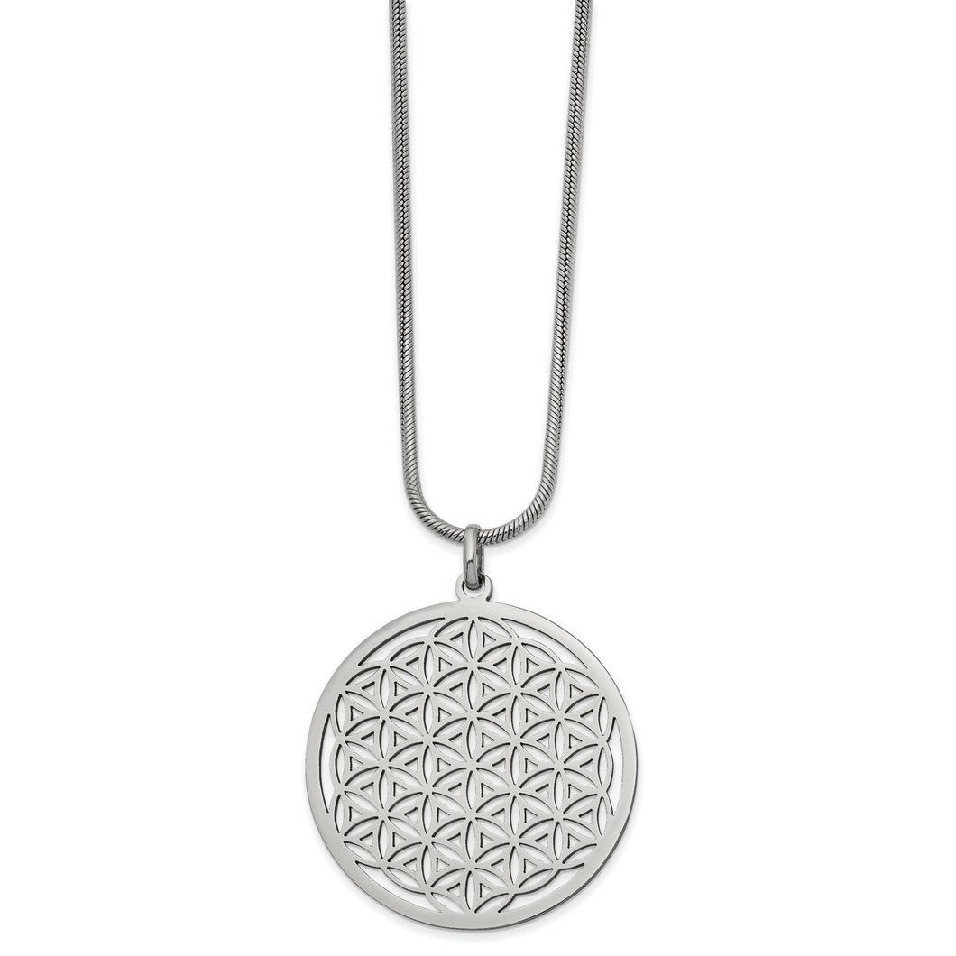 Stainless Steel Polished Flower Cut-out Large Circle 20in Necklace