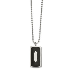 Stainless Steel Polished w/Genuine Blk Leather Inlay DogTag 22in Necklace