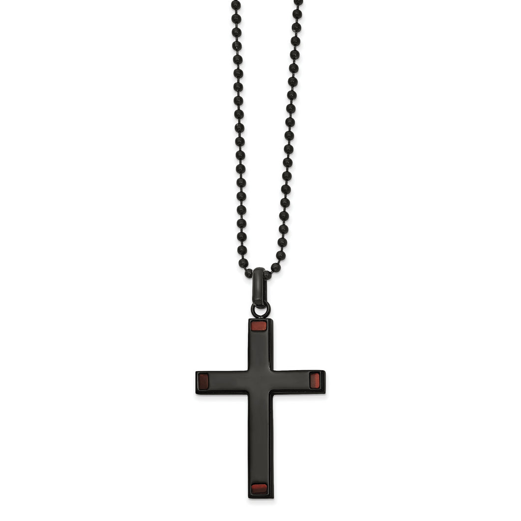 Stainless Steel Polished Black IP-plated with Tiger's Eye Cross 22in Neckla