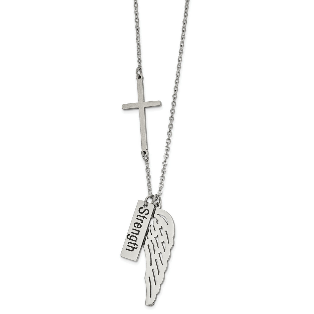 Stainless Steel Polished STRENGTH Wing Pendants and Cross 30in. Necklace