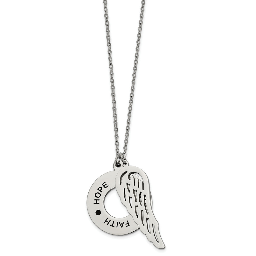 Stainless Steel Polished FAITH HOPE BELIEVE Wing 29in. Necklace