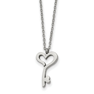 Stainless Steel Polished Heart Key 16in w/2in ext. Necklace