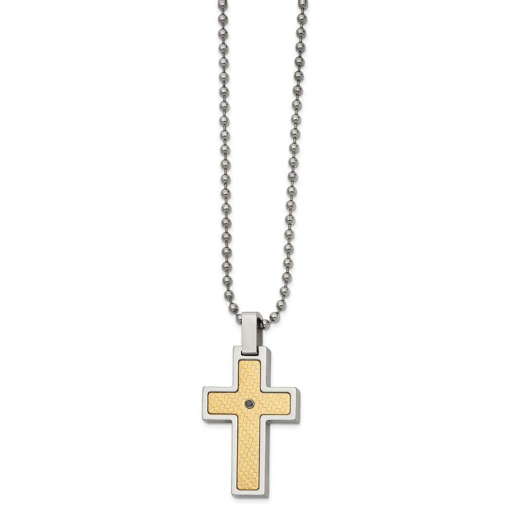 Stainless Steel w/ 18k gold accent .02ct Black Diamond Cross Necklace