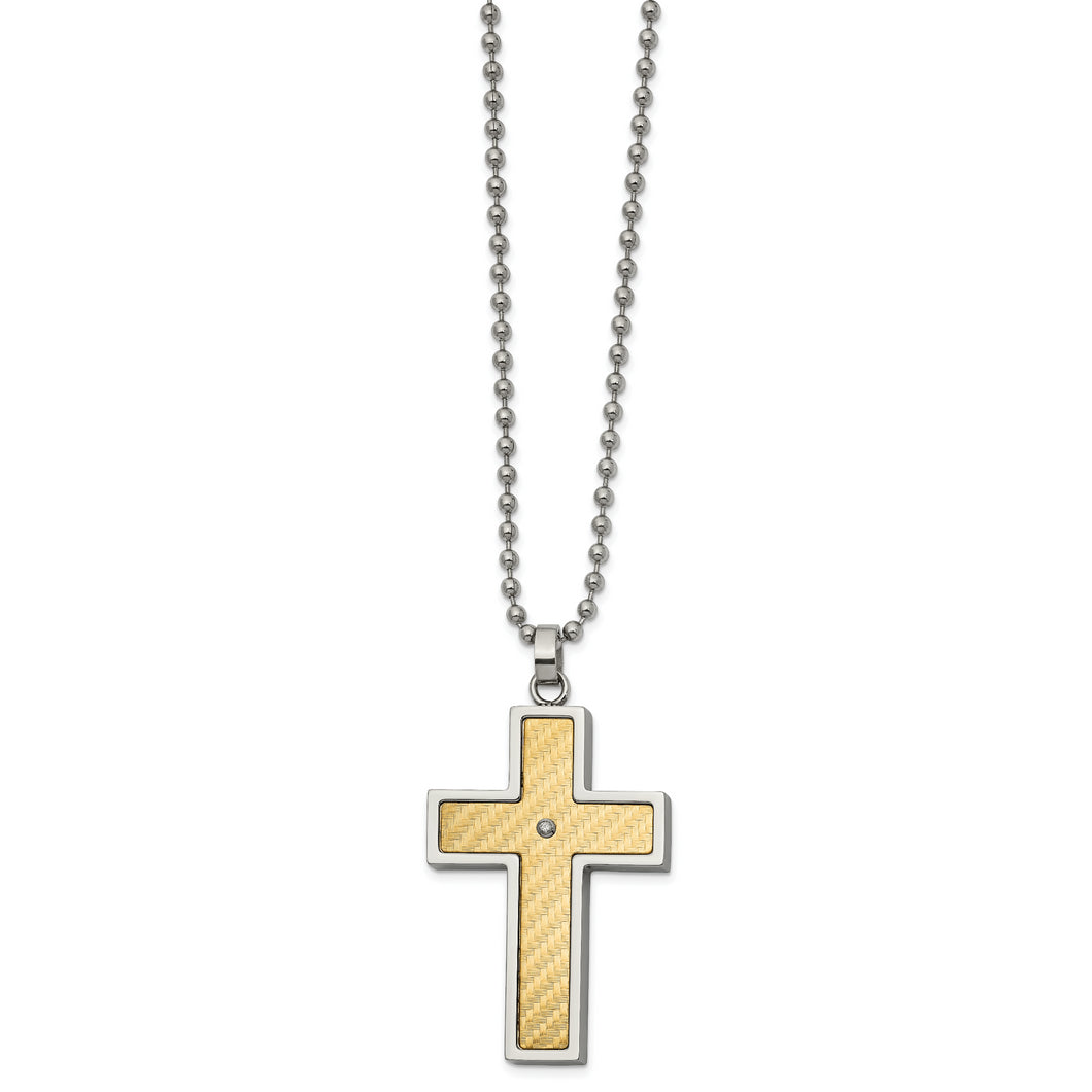 Stainless Steel w/ 18k gold accent .02ct Diamond Cross Necklace