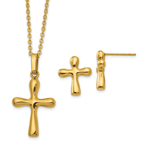 Stainless Steel Polished IP Yellow plated Cross Earring and 18in Necklace S