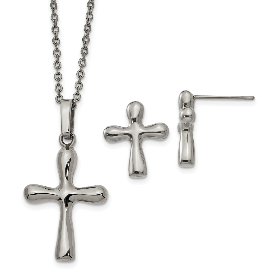 Stainless Steel Polished Cross Earring and 18in w/2in ext Necklace Set