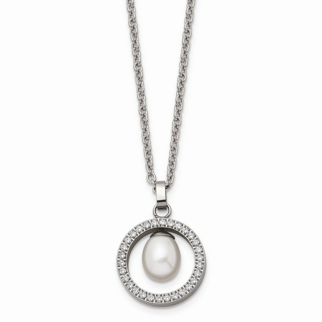 Titanium Polished w/ CZ and Freshwater Cultured Pearl Necklace