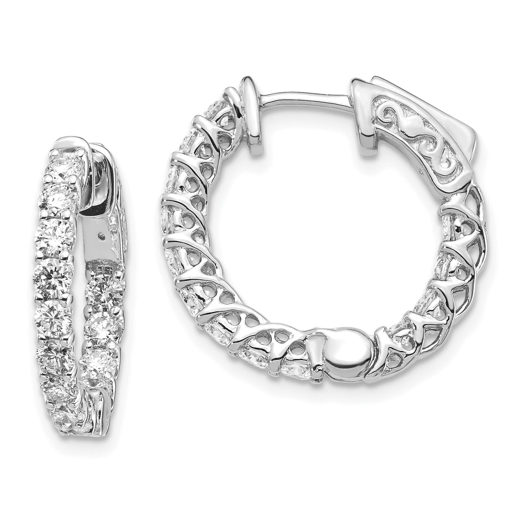 14k White Gold Diamond Round Hoop w/Safety Clasp Earrings