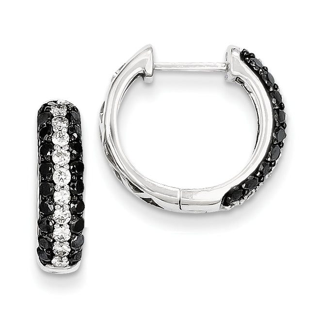 14k White Gold White & Black Diamond Hinged Hoop Earrings