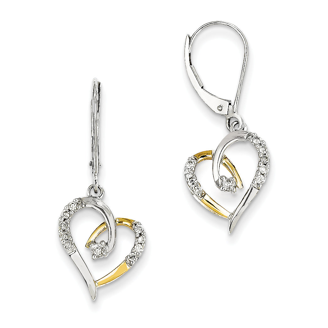 14k Yellow & White Gold Diamond Heart Leverback Earrings