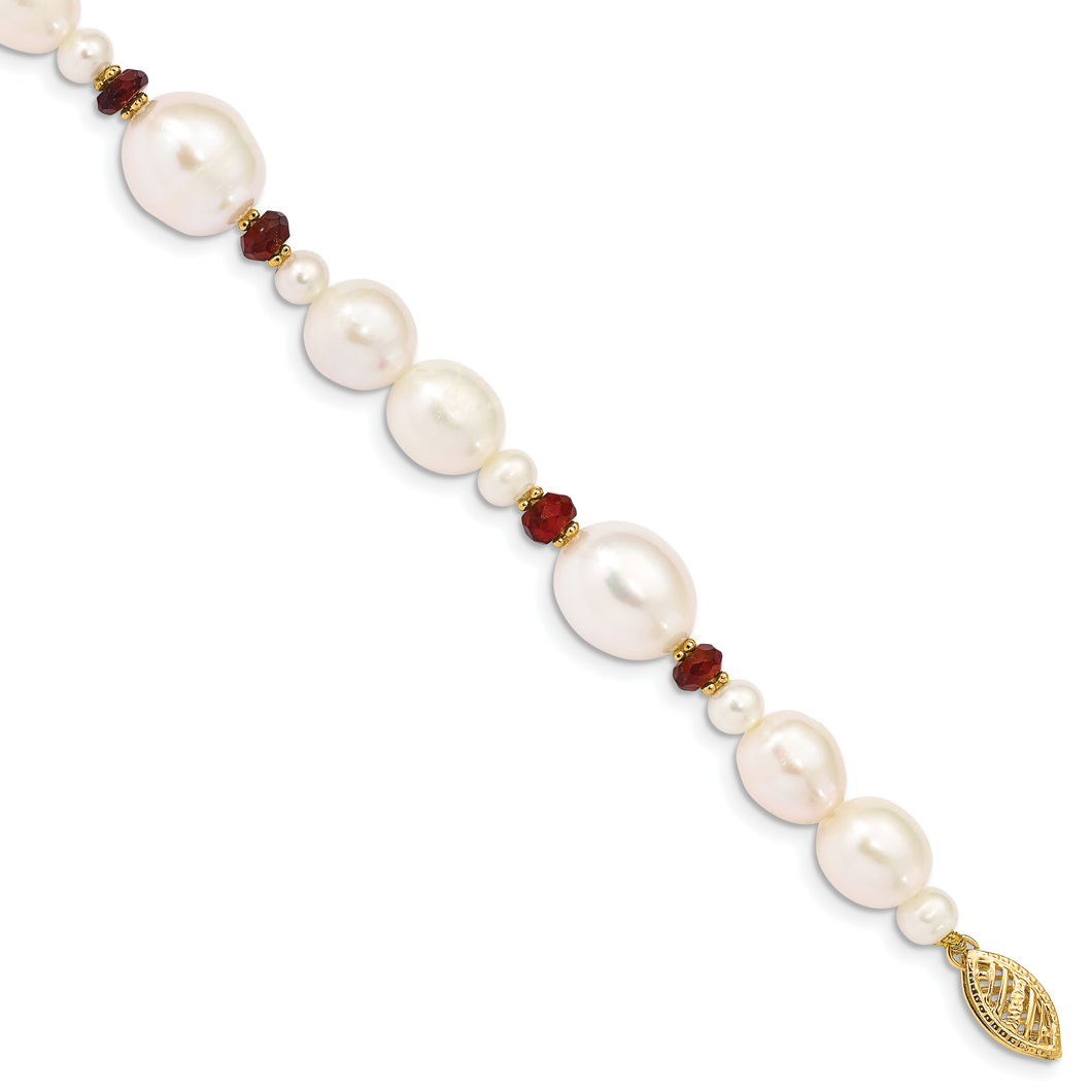 14K White Freshwater Cultured Pearl Faceted 4.0 Garnet Bead Bracelet