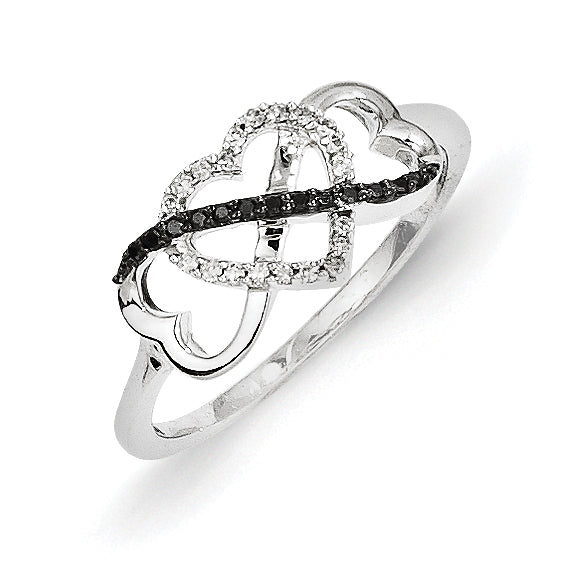 14k White Gold w/ Black and White Diamond Triple Heart Ring