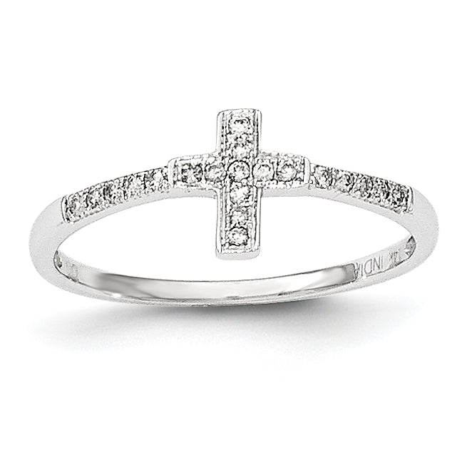 14K White Gold Polished Diamond Cross Ring