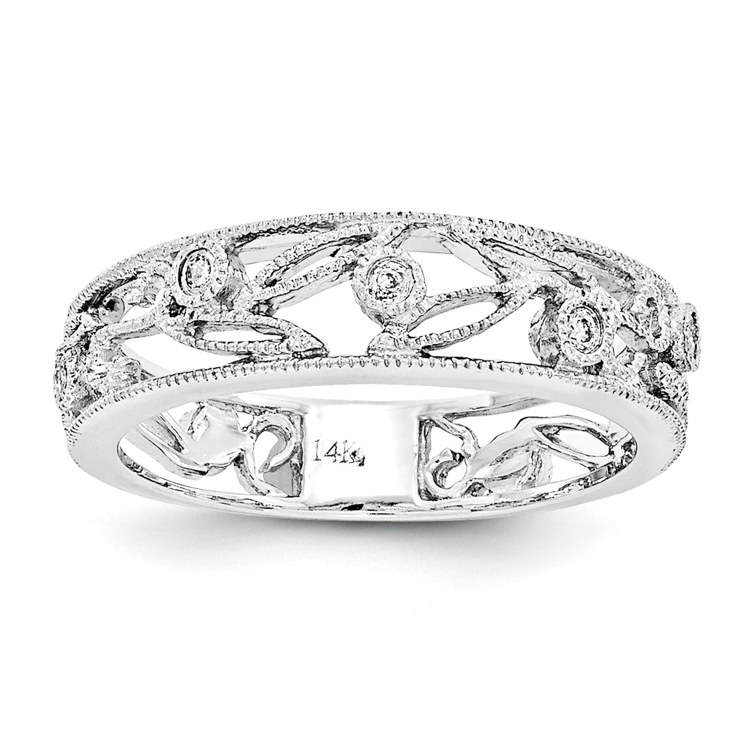 14k White Gold Flower Vine Design Diamond Ring